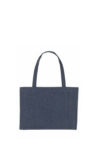 Borsa a spalla di colore blu scuro con due lunghe maniglie, forma rettangolare, realizzata in tessuto texturizzato, con cuciture rinforzate sulle maniglie.