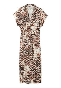 Robe en imprimé léopard dans des tons crème, marron et rouille, avec des manches courtes, un design enroulé et une taille ceinturée. Texture de tissu douce.