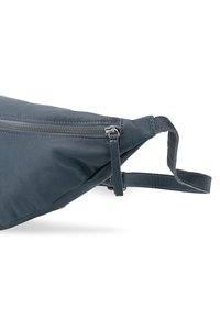 Blue leather fanny pack with a zipper closure, a smooth texture, and an adjustable strap. Features a triangular shape with clean lines.