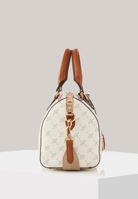 Borsa bianca texturizzata con forma arrotondata, manici in pelle marrone, hardware dorato e motivo decorativo con un design del logo sottile.
