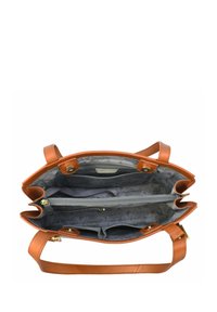 Tan leren handtas met een ritssluiting en een grijs voering met bloemenpatroon. Kenmerken zijn onder meer twee handvatten en een gestructureerd ontwerp.