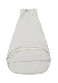 Heller beiger Babyschlafsack aus weicher Baumwolle, mit einer Fuchsstickerei, Reißverschluss am Boden und ärmellosem Design für einfaches Anziehen.