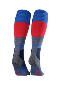 Calcetas hasta la rodilla que presentan una parte superior azul, una sección media roja y una punta y talón grises con textura acanalada; incluyen patrones geométricos en la parte superior.