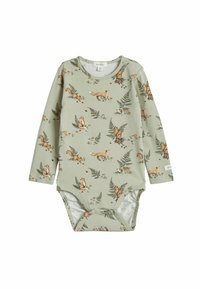 Długi rękaw bodysuit dla niemowląt w jasnoniebieskim kolorze z nadrukiem inspirowanym naturą, przedstawiającym lisy i paprocie. Zapięcie na napy na dole.