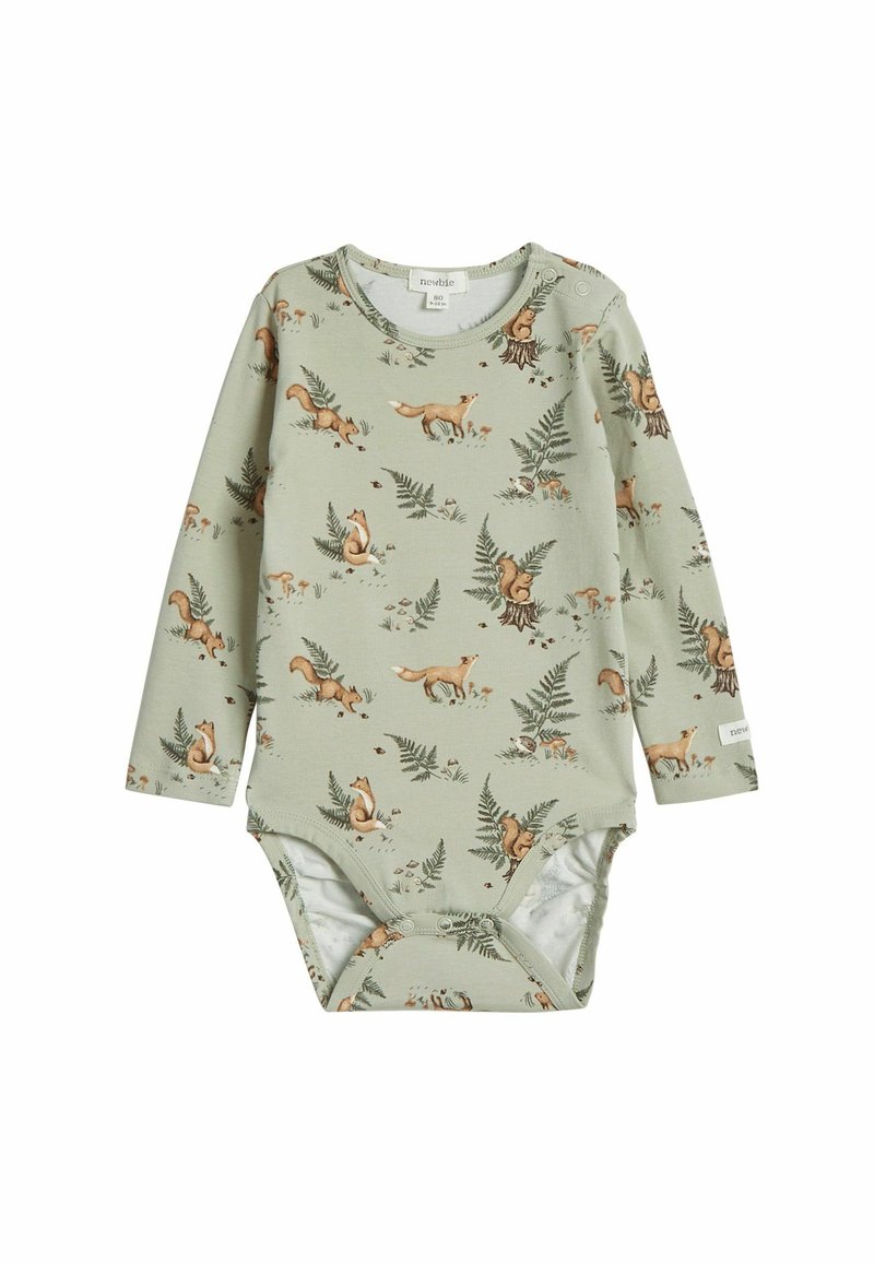 Długi rękaw bodysuit dla niemowląt w jasnoniebieskim kolorze z nadrukiem inspirowanym naturą, przedstawiającym lisy i paprocie. Zapięcie na napy na dole.