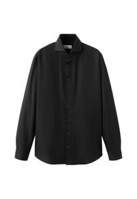 Camicia nera a maniche lunghe con bottoni realizzata in tessuto liscio. Presenta un colletto classico e un orlo dritto, con sei bottoni sul davanti.