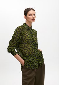 Priesvitná zelená blúzka s čiernymi leopardími škvrnami, zapínanie na gombíky vpredu a dlhé rukávy. Skombinovaná s voľnými hnedými nohavicami.