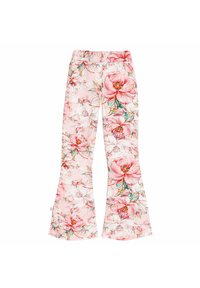 Rozszerzane spodnie z miękkiego materiału, w różowy kwiatowy wzór z zielonymi akcentami. Elastyczny pas, gładka faktura i żywy design.
