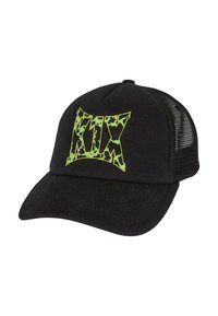 Schwarze Baseballmütze mit einem gebogenen Schirm. Sie hat ein leuchtend grünes "KIX"-Logo auf der Vorderseite und ein Mesh-Rückenteil für Atmungsaktivität.