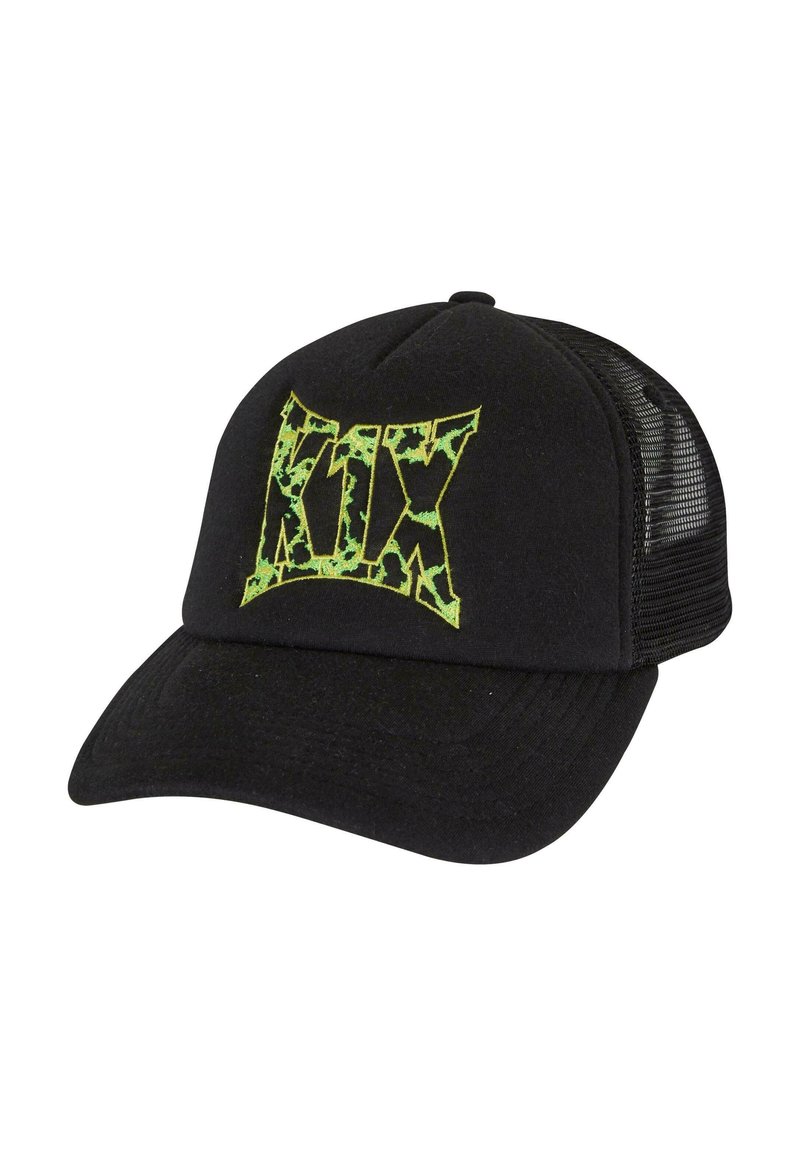 Schwarze Baseballmütze mit einem gebogenen Schirm. Sie hat ein leuchtend grünes "KIX"-Logo auf der Vorderseite und ein Mesh-Rückenteil für Atmungsaktivität.