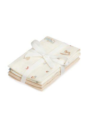 Στοίβα από τρία διπλωμένα μωρουδιακά ρούχα δεμένα με λευκή κορδέλα, με ανοιχτό μπεζ και εκρού χρώματα και μικρά σχέδια οχημάτων και ζώων.