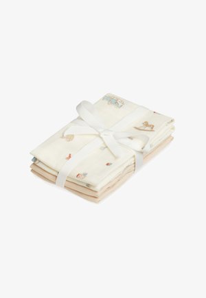 Στοίβα από τρία διπλωμένα μωρουδιακά ρούχα δεμένα με λευκή κορδέλα, με ανοιχτό μπεζ και εκρού χρώματα και μικρά σχέδια οχημάτων και ζώων.