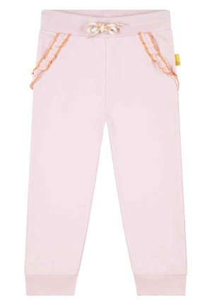 Lichtroze sweatpants met een veter in de taille, gerimpelde oranje zakaccenten en geribbelde manchetten. Zachte stof en elastische taille voor extra comfort.