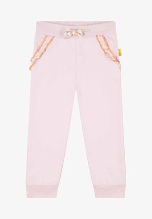 Pantaloni da jogging rosa chiaro con cintura regolabile, dettagli a tasca arancione arricciati e polsini a costine. Tessuto morbido e vita elastica per il massimo comfort.