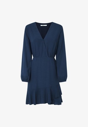 Navy blue dress with a V-neck, long puff sleeves, textured fabric, elastic waist, and a ruffled hem at the bottom.
