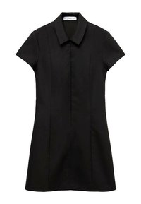 Czarna krótka sukienka z kołnierzykiem, wykonana z gładkiego materiału. Posiada dopasowany fason z prostą sylwetką i krytym zapięciem.