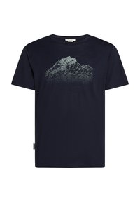 Navy blue t-shirt made of cotton, featuring a mountain graphic in light gray. Short sleeves and a crew neck. Soft texture and casual fit.