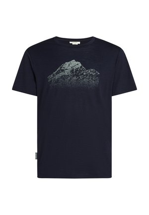 Navy blue t-shirt made of cotton, featuring a mountain graphic in light gray. Short sleeves and a crew neck. Soft texture and casual fit.