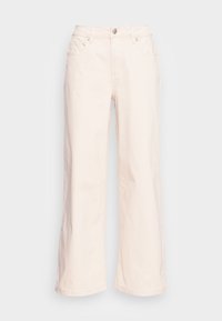 Jeans de perna larga em bege claro, feitos de algodão, com fecho de botão, bolsos frontais e uma textura suave com um acabamento limpo.