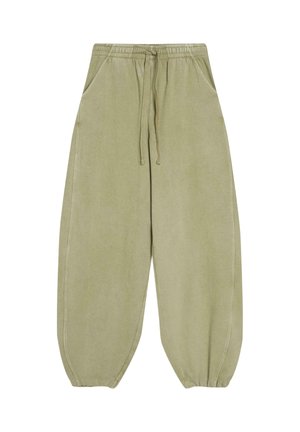 Pantaloni sportivi larghi color verde oliva chiaro con vita elastica, coulisse, tasche laterali e polsini elastici alle caviglie.