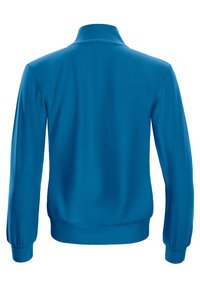 Blå idrottsjacka med ståkrage, långa ärmar och elastiska ärmslut. Slät tyg med en enhetlig textur och strömlinjeformat design.