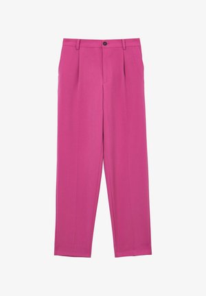 Rosa maßgeschneiderte Hose mit glatter Textur, ausgestattet mit zwei vorderen Falten, einem Knopfverschluss und einem geraden Bein-Design.