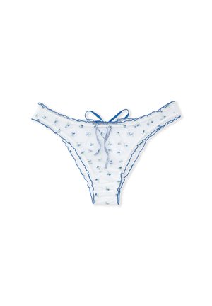 Spitzen-String mit hellblauer Blumenstickerei auf durchsichtigem weißem Stoff, mit gezackten Kanten und einer Schleifendetail am Bund.