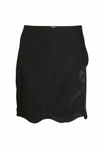 Black mini skirt with subtle floral lace trim along the curved hem and side detailing, made of smooth fabric.
