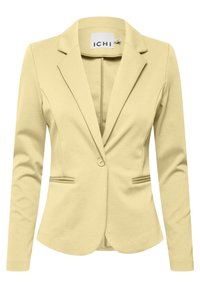 Blazer jaune clair avec une coupe ajustée, revers crantés, fermeture à un seul bouton, deux poches avant et texture de tissu lisse.