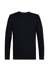 Black knitted sweater with long sleeves, round neck, ribbed cuffs, and a textured pattern. Features a small patch on one sleeve.