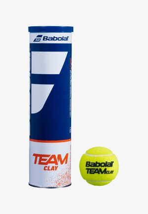 Babolat TEAM CLAY tennisbolde dåse, blå med hvide og orange detaljer, indeholdende en lys gul tennisbold med sort logo.