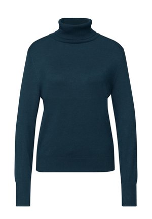 Maglione dolcevita color verde petrolio scuro, realizzato in tessuto liscio a maglia fine. Caratterizzato da maniche lunghe, polsini a coste e silhouette aderente.