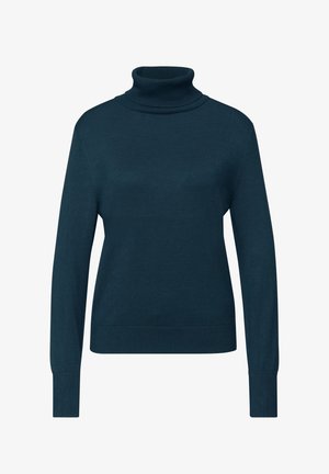 Maglione dolcevita color verde petrolio scuro, realizzato in tessuto liscio a maglia fine. Caratterizzato da maniche lunghe, polsini a coste e silhouette aderente.