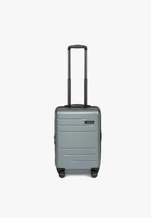 Hartschalen-Handgepäckkoffer in mattem Grau mit einem ausziehbaren Griff, vier Rollen und horizontalen Rillen für Textur.
