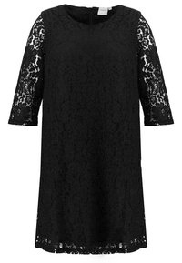 Schwarzes Spitzekleid mit dreiviertellangen durchsichtigen Ärmeln, rundem Halsauschnitt und floralem Spitzenmuster über das ganze Kleid.