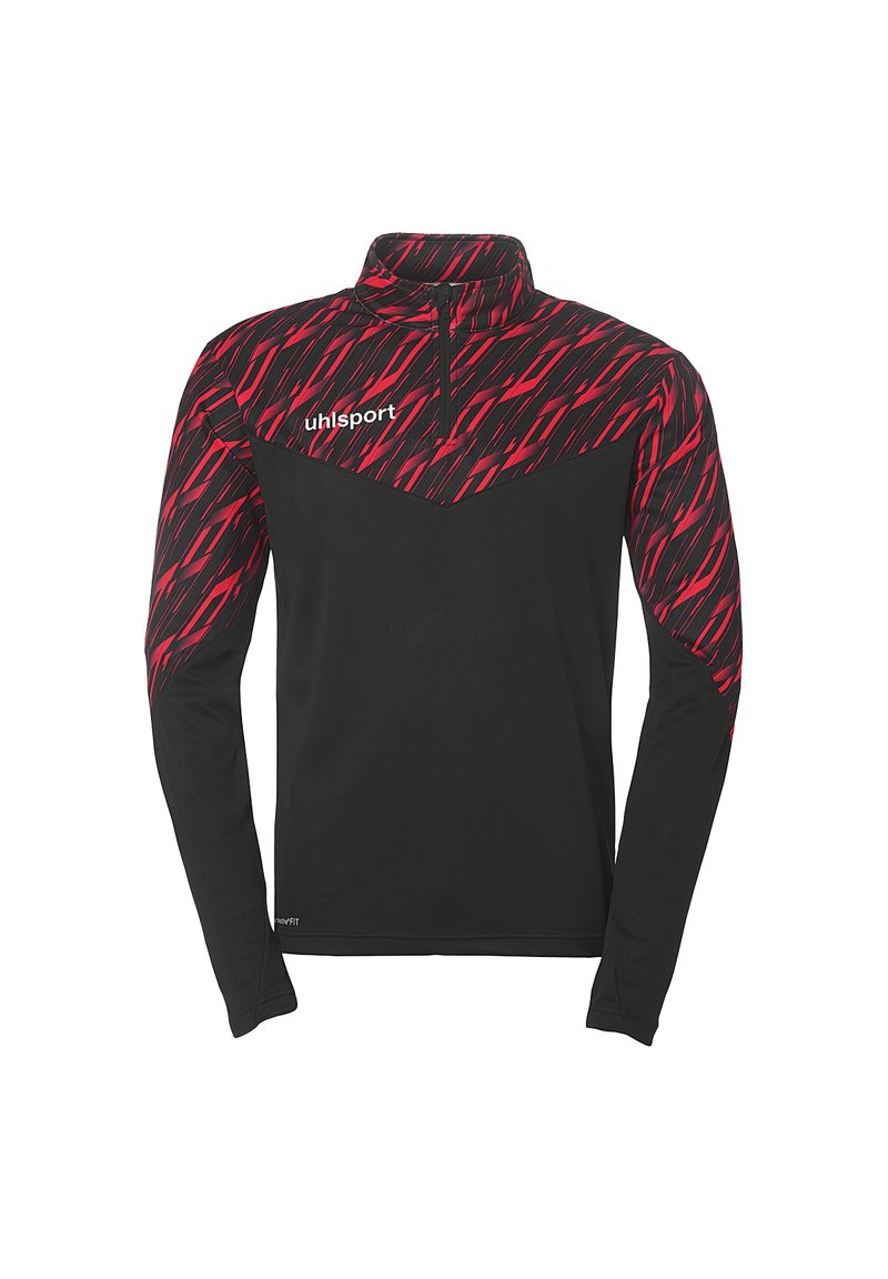 Sort langærmet atletisk skjorte med et rødt og sort abstrakt mønster i den øverste del, halv-zip krave og logo på brystet.