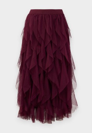 Mørk lilla lagdelt tulle midi skjørt med elastisk midje og fallende volanger av stoff.