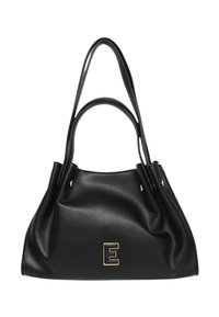 Borsa a mano in pelle nera con una forma morbida e rilassata. Presenta dettagli in oro, due lunghe maniglie e un'evidente accentatura a forma di lettera "E".