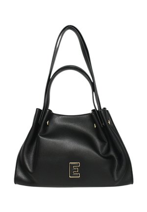 Borsa a mano in pelle nera con una forma morbida e rilassata. Presenta dettagli in oro, due lunghe maniglie e un'evidente accentatura a forma di lettera "E".