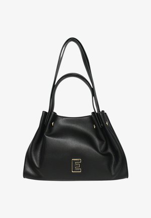 Borsa a mano in pelle nera con una forma morbida e rilassata. Presenta dettagli in oro, due lunghe maniglie e un'evidente accentatura a forma di lettera "E".