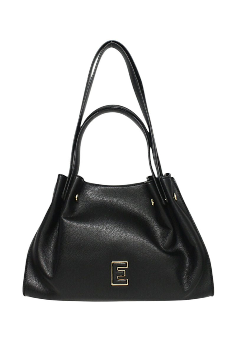 Borsa a mano in pelle nera con una forma morbida e rilassata. Presenta dettagli in oro, due lunghe maniglie e un'evidente accentatura a forma di lettera "E".