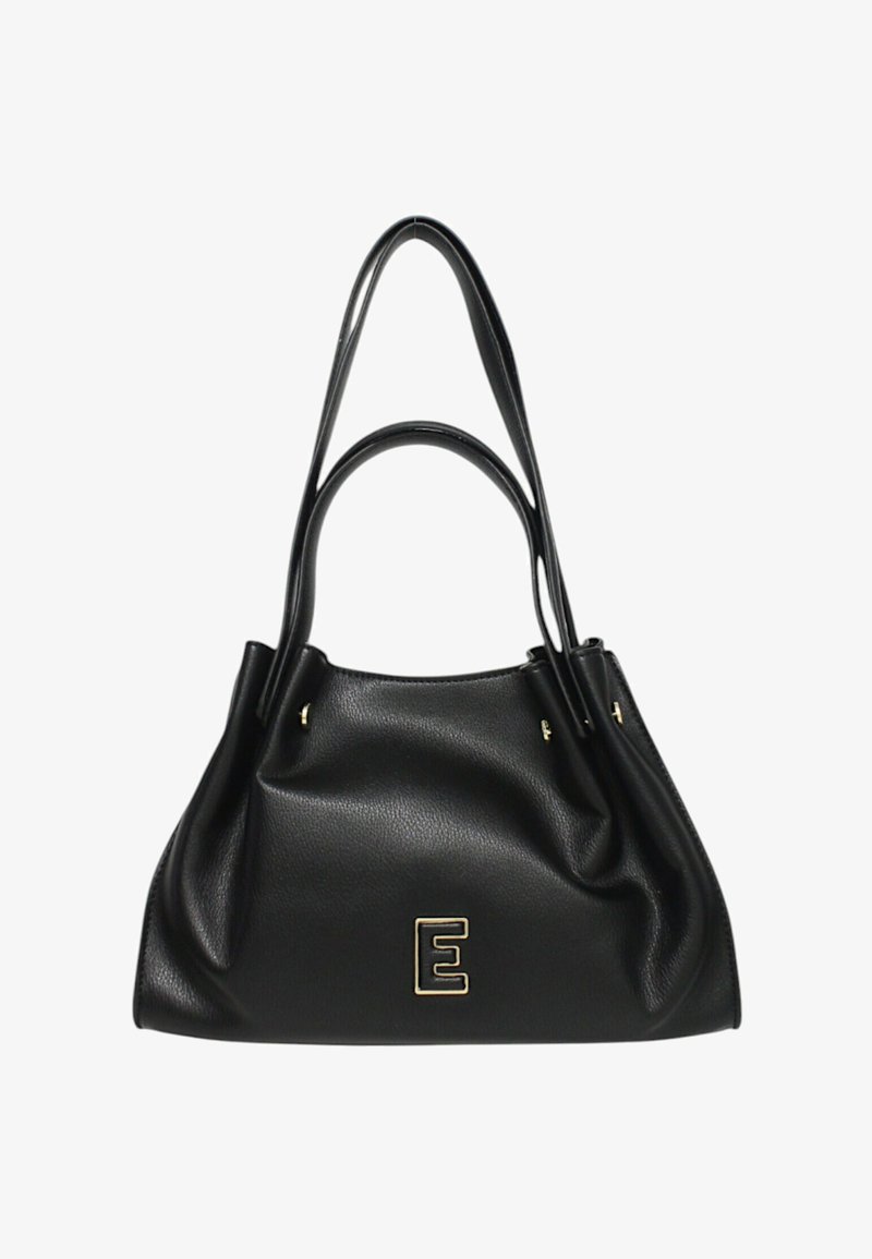 Borsa a mano in pelle nera con una forma morbida e rilassata. Presenta dettagli in oro, due lunghe maniglie e un'evidente accentatura a forma di lettera "E".