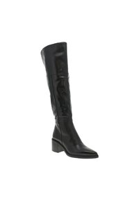 Botte en cuir noir montante avec un bout pointu et un talon bloc. Présente une texture lisse et un léger pli en haut.