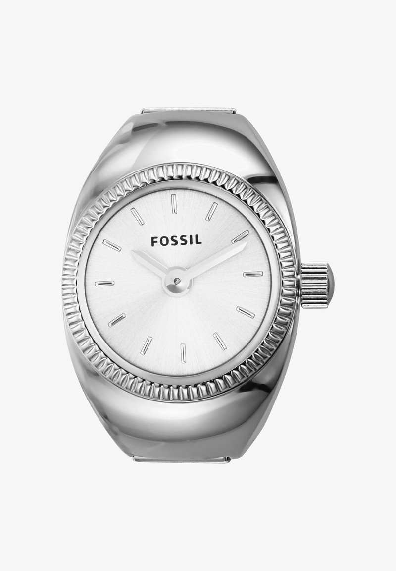 Silver Fossil wristwatch with round face, minimal hour markers, and two hands showing 10:10, featuring a ridged bezel and polished band.