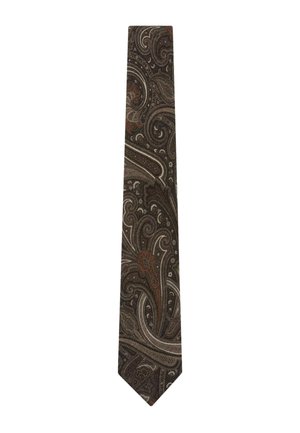 Corbata marrón oscuro con un intrincado patrón paisley en tonos beige, crema y óxido, con motivos florales y de hojas en espiral.
