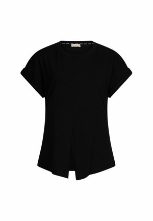 Black short-sleeve shirt with rolled cuffs, round neckline, loose fit, and a center slit at the hem, made from smooth cotton fabric.