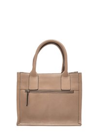 Beige leren tote bag met bovenhandvatten, voorzien van een voorkant met ritsvak en zichtbare stikdetails, gestructureerde vierkante vorm.