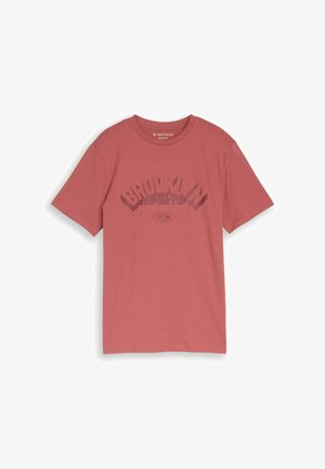 Red short-sleeve T-shirt with "BROOKLYN SPORTS" text and a globe graphic on the front, crew neckline, regular fit.