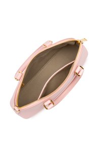 Borsa a mano in pelle rosa con finitura testurizzata, zip dorata e doppi manici. L'interno presenta una fodera morbida e una tasca aggiuntiva.