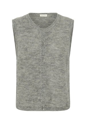 Világosszürke ujj nélküli kötött mellény kerek nyakkal és gombos záródással, amely texturált mintát és finom színváltozásokat mutat.